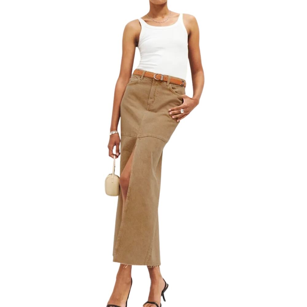 Reformation Tazz Denim Maxi Skirt 30 Vintage Marzipan Tan High Rise Slit Raw Hem